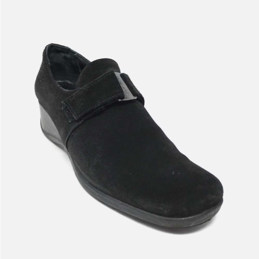 Aquatalia Black Suede Loafers Velcro Strap Support Comfort Made in Italy Sz  9.5